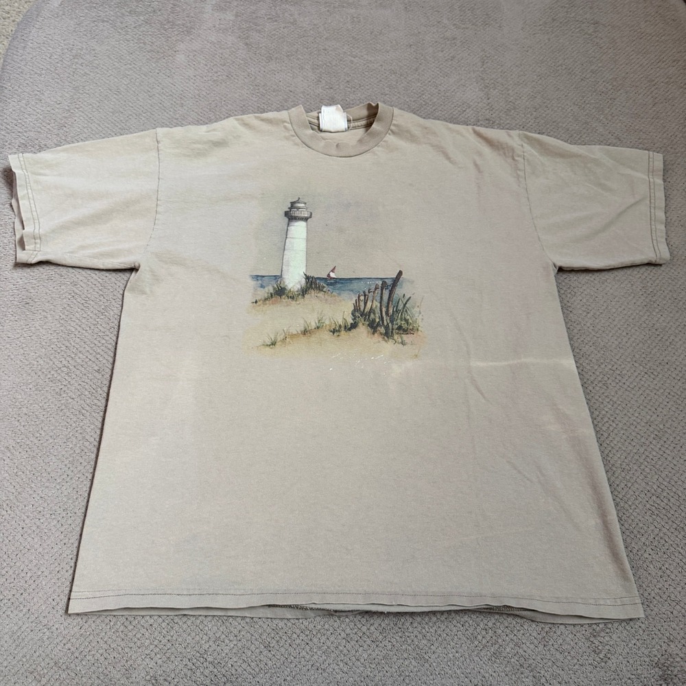 Vintage 1990s Jerzees Lighthouse Graphic T-Shirt Tan XL Heavyweight Cotton